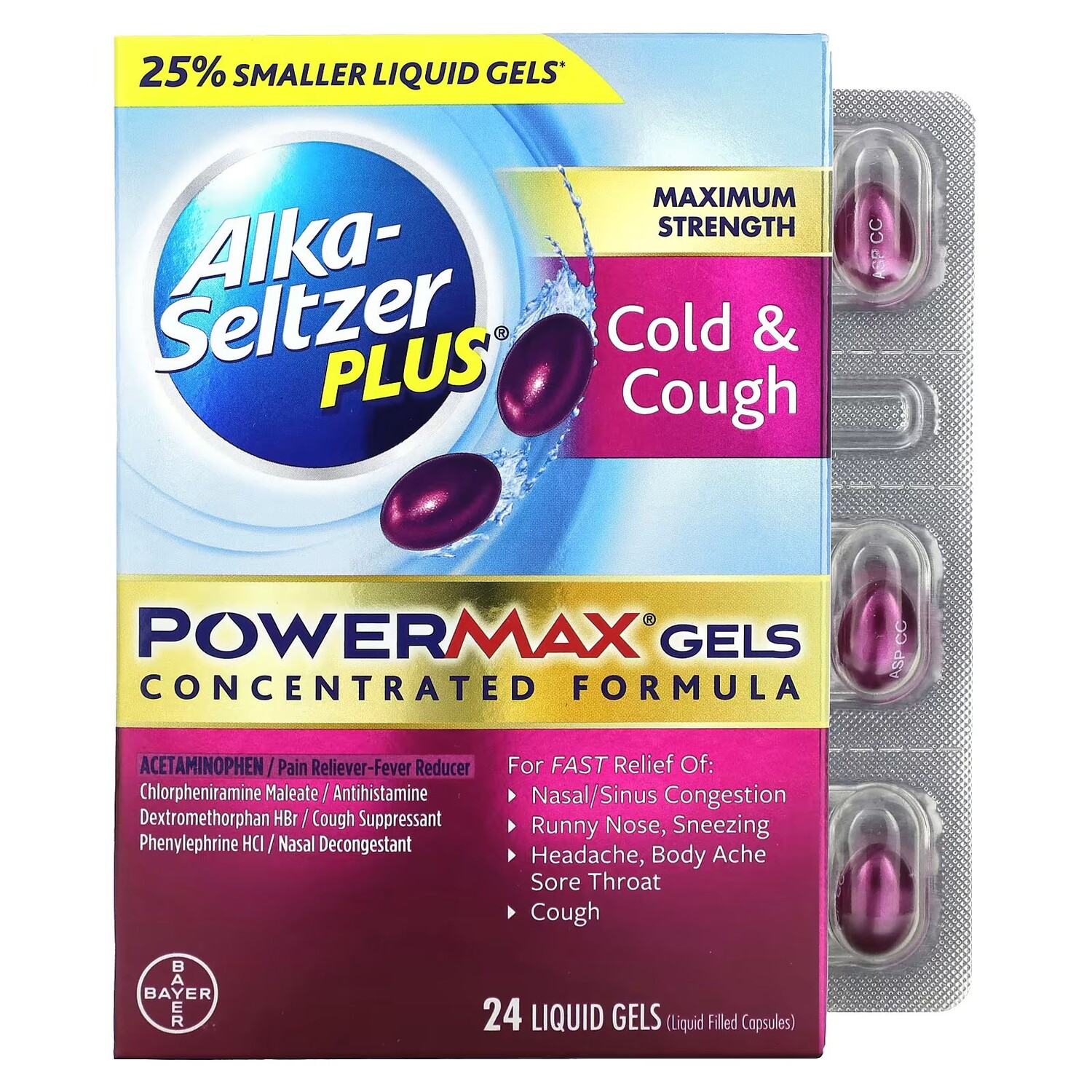 

Гели PowerMax от простуды и кашля, максимальная сила, 24 жидких геля Alka-Seltzer Plus