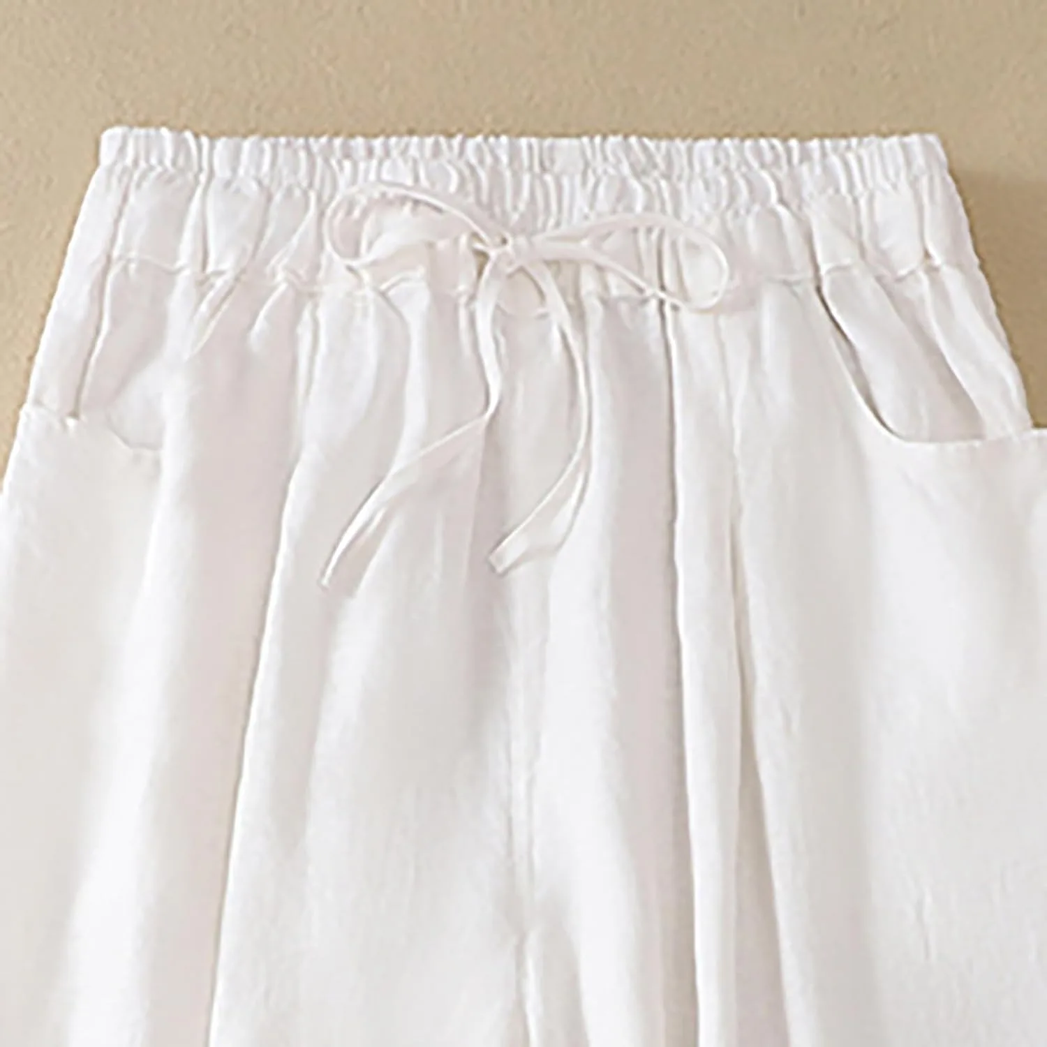 Женские летние хлопковые льняные брюки Casual капри на резинке шаровары укороченные зауженные брюки с карманами Generic, белый — фото 4