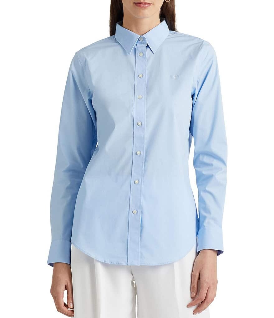 

Lauren Ralph Lauren Petite Size Легкая в уходе рубашка с острым воротником и длинными рукавами, синий