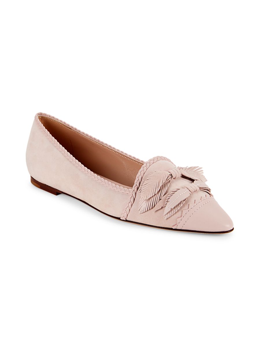 Замшевые балетки с острым носком и отделкой в виде листьев Tod's, цвет Light Pink — фото 2