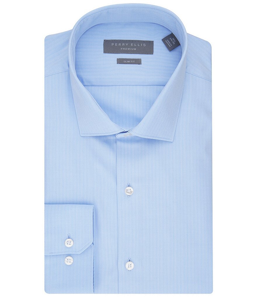 

Однотонная классическая рубашка приталенного кроя с раздвинутым воротником Perry Ellis Chateau с узором «в елочку», синий