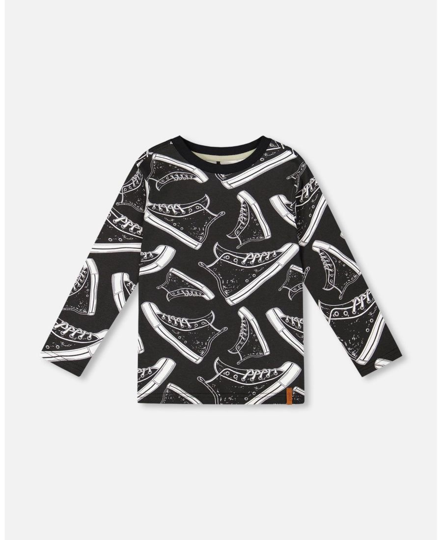 

Детская хлопковая футболка с длинным рукавом и принтом по всей поверхности, черная Deux par Deux, Black