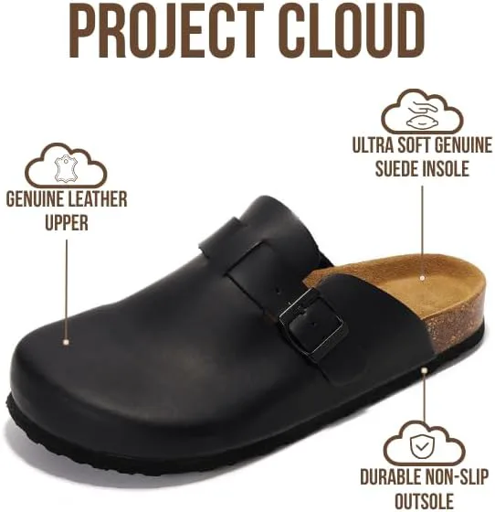 Мужские сабо Project Cloud - 100% натуральная кожа полного зерна, с мягкой подошвой из памяти формы и поддержкой свода стопы, натуральная пробковая стелька - нескользящие домашние тапочки для мужчин (Бруклин), черный