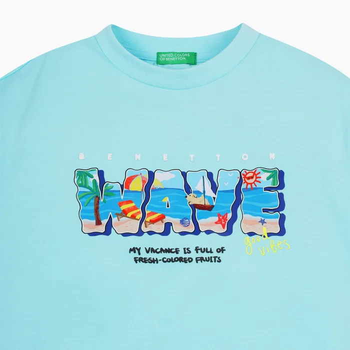 Детская футболка с тропическими волнами, светло-голубая, от Benetton Kids — фото 3