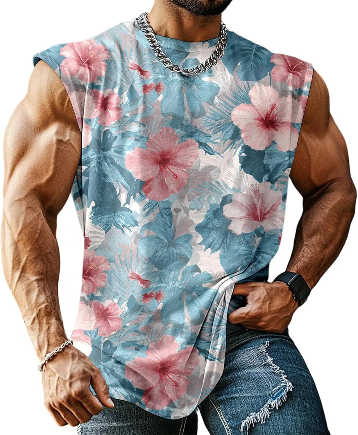 Мужской топ с принтом Hibiscus Floral, без рукавов, полиэстер, спандекс, цвет B Hibiscus