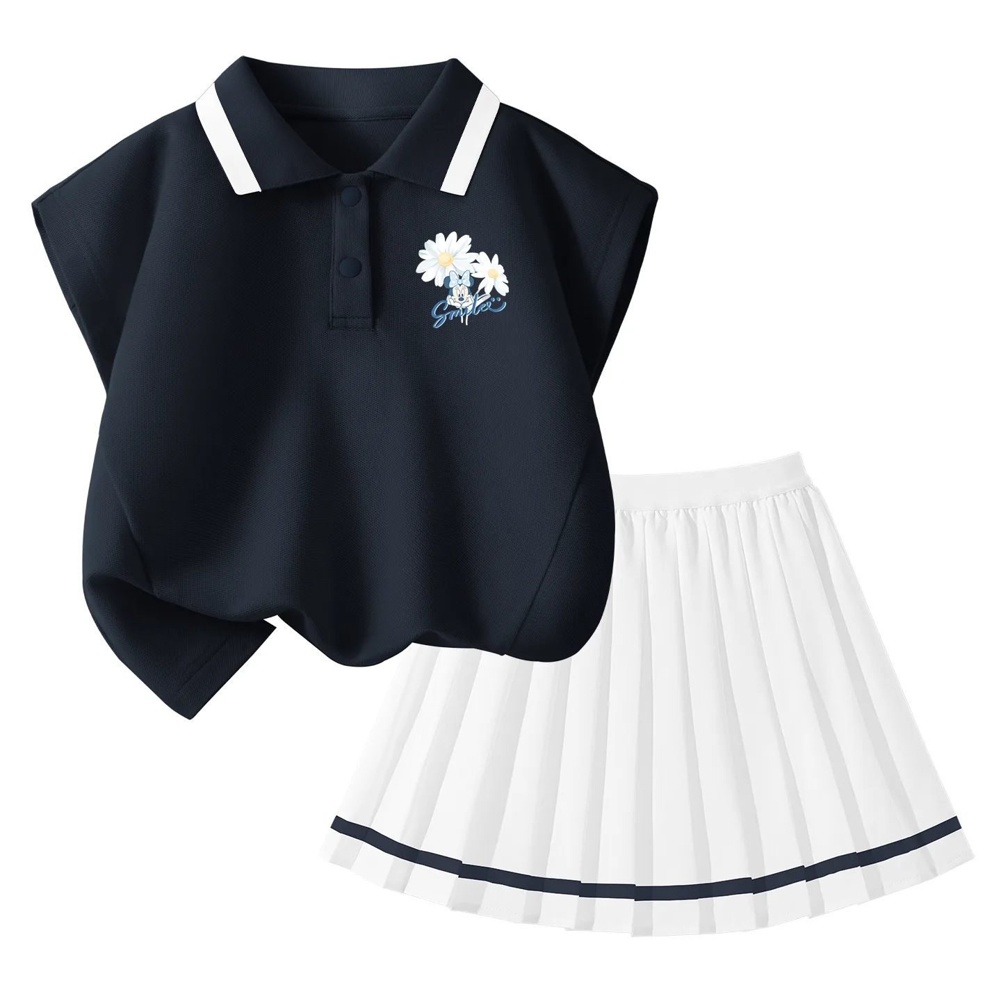 Детская спортивная поло с тонким коротким рукавом Disney, Dewy Flower K Deep Sea Blue+Solid Color Deep Sea Blue