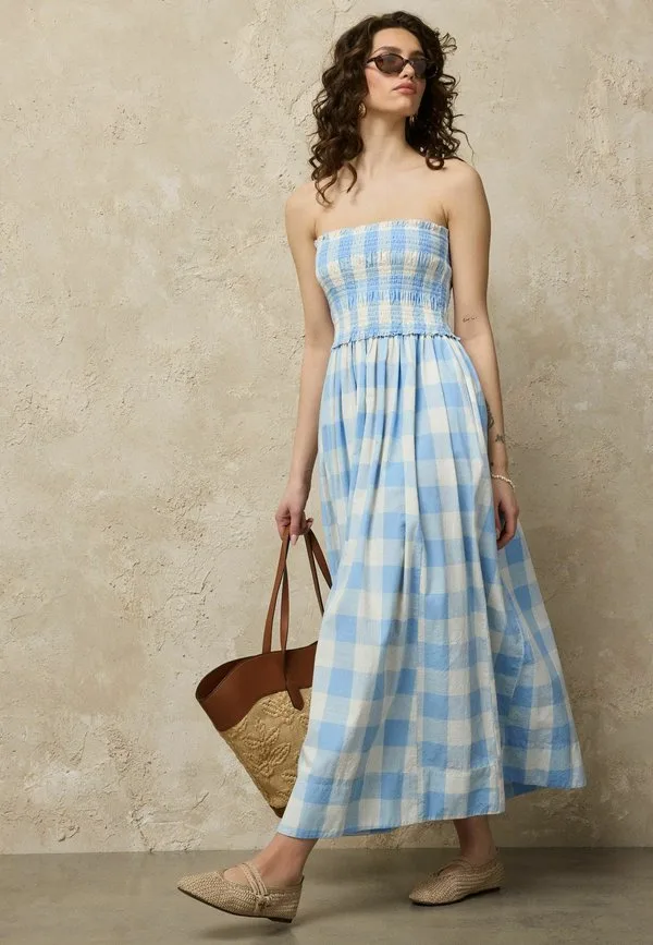 Платье-Бандо с присборенным лифом, миди, макси-платье Next, Chambray Blue Gingham Check — фото 2