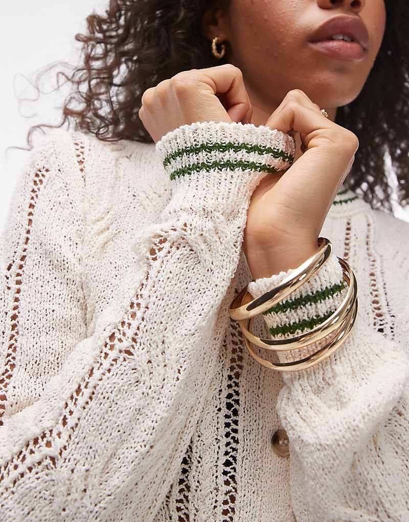 

Topshop — кардиган косой вязки цвета слоновой кости с контрастными зелеными профилями