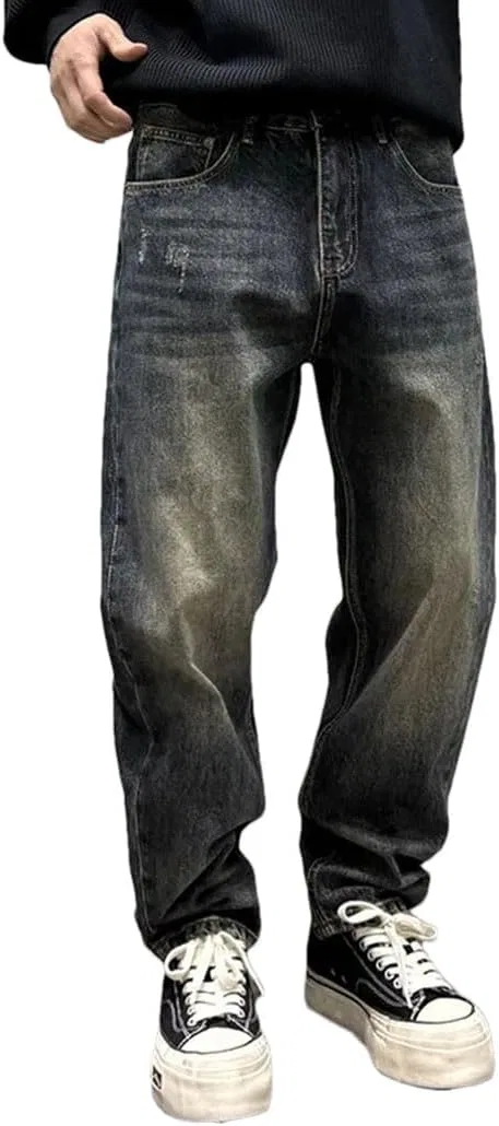 Джинсы потертые, Men's Vintage Frayed Edge Tapered Jeans Loose Fit Jeans, retro blue