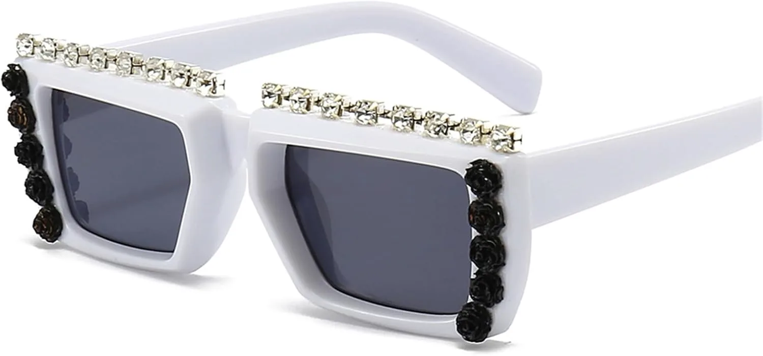 

willochra Милые модные квадратные солнцезащитные очки с бриллиантами и стразами черного цвета для женщин и мужчин, для вечеринок, с блестками, 2pcs-black&white