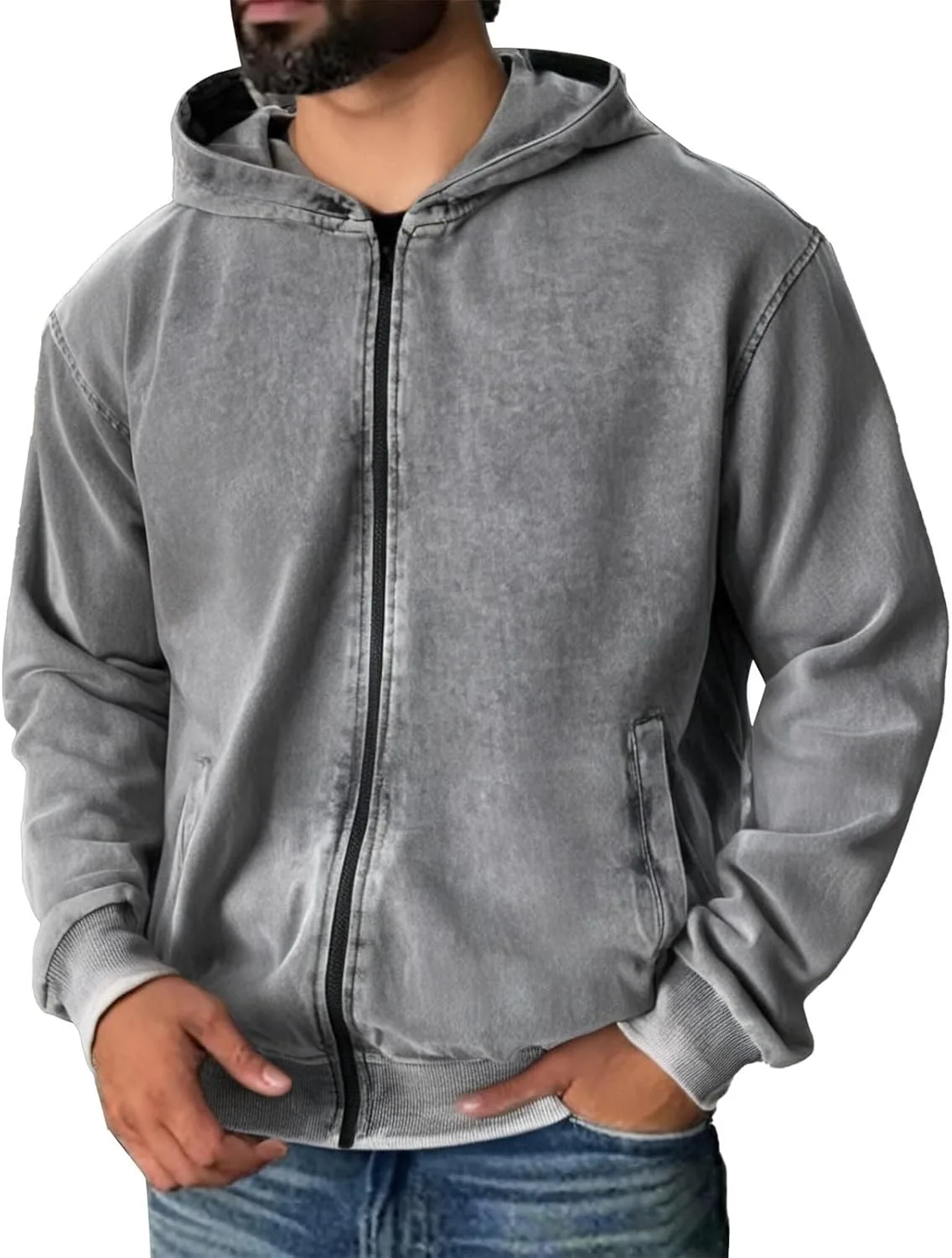 

Винтажный худи с молнией для мужчин Casual Distressed Washed