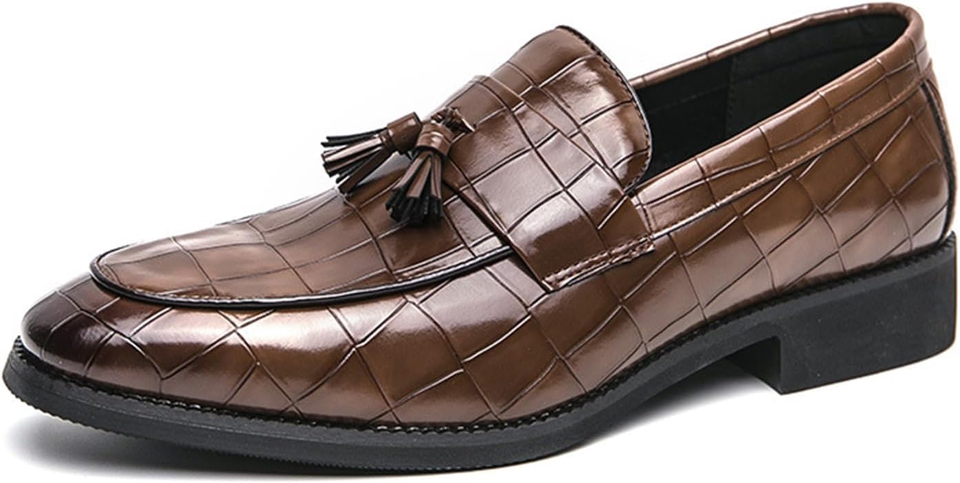 

Мужские классические кожаные туфли-лоферы с принтом, с кисточкой, модный круглый носок, без шнурков, с комфортной мягкой подошвой, массивным каблуком, формальные туфли для вечеринки, свадьбы, работы и офиса Uzujbaa, коричневый