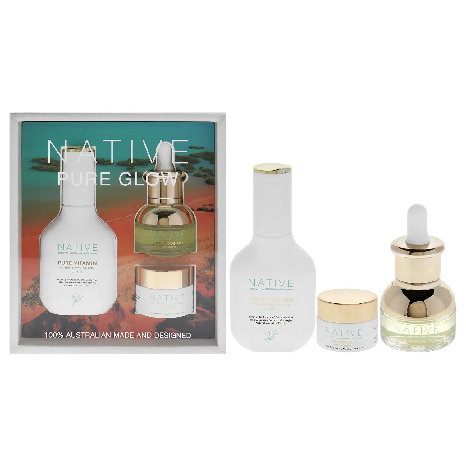 Набор Native Pure Glow от Klara для женщин - 3 предмета: тоник и спрей для лица Pure Vitamin, 0,5 унции увлажняющего крема с витаминами, 0,5 унции масла Luminous Oil Pure Glow, мультиколор