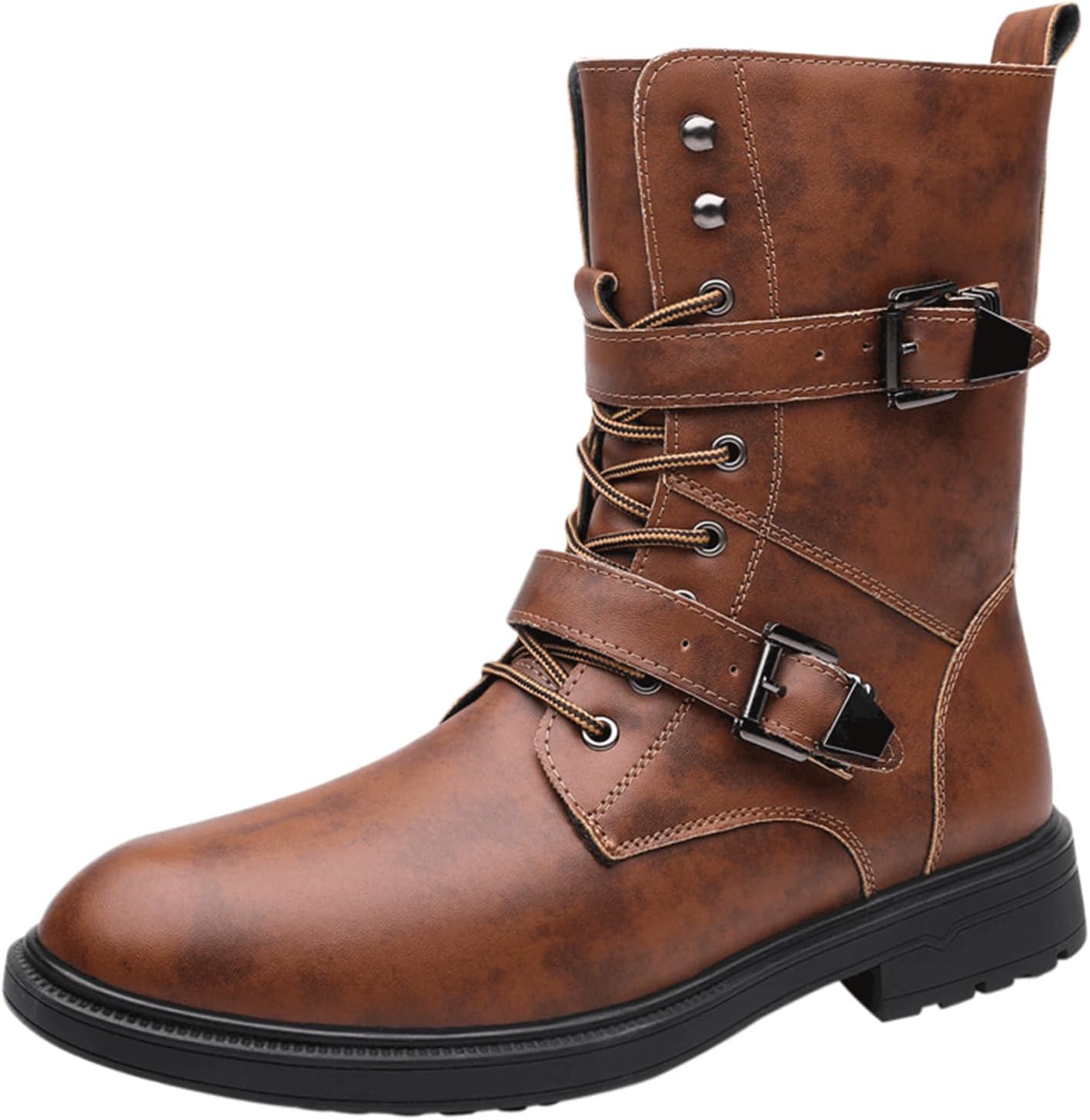 

Мужские классические кожаные чукка EGGDK, мотоциклетные ботинки с комфортным круглым носком, высокие на шнуровке с массивным низким каблуком, повседневные боевые ботинки с двумя пряжками, коричневый