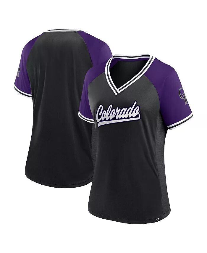 

Женская черная футболка Colorado Rockies Glitz Glam League Diva Raglan с V-образным вырезом Fanatics