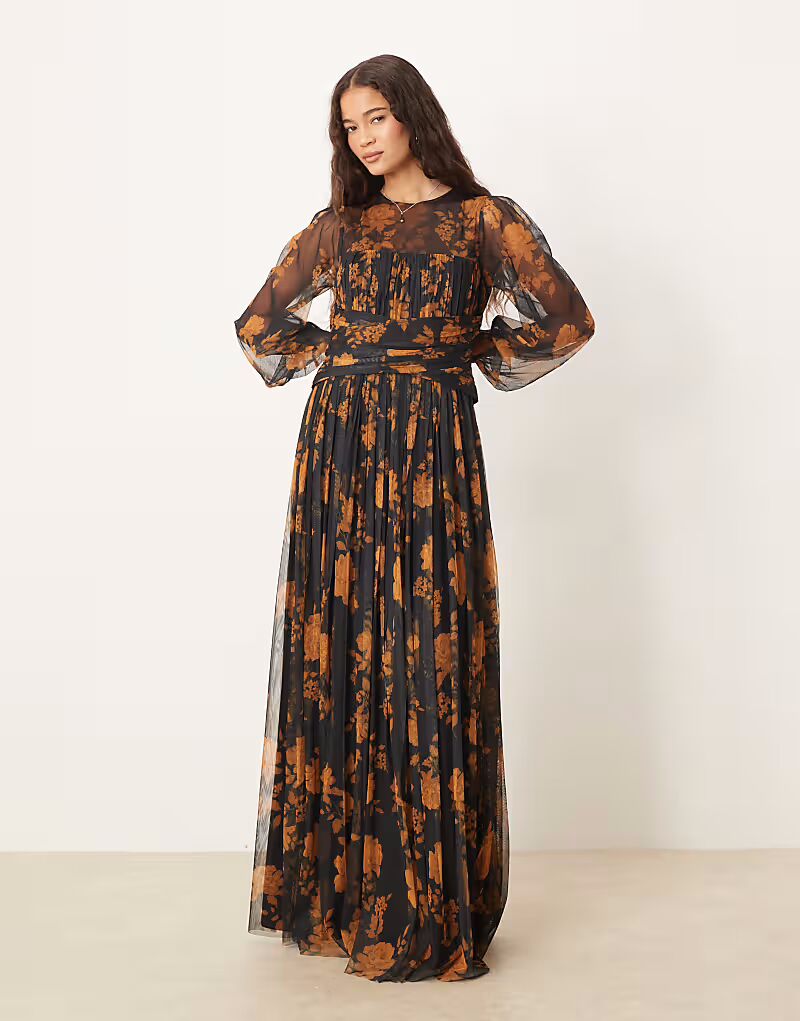 

Платье макси с длинными рукавами и сборками Floral, черное Anaya