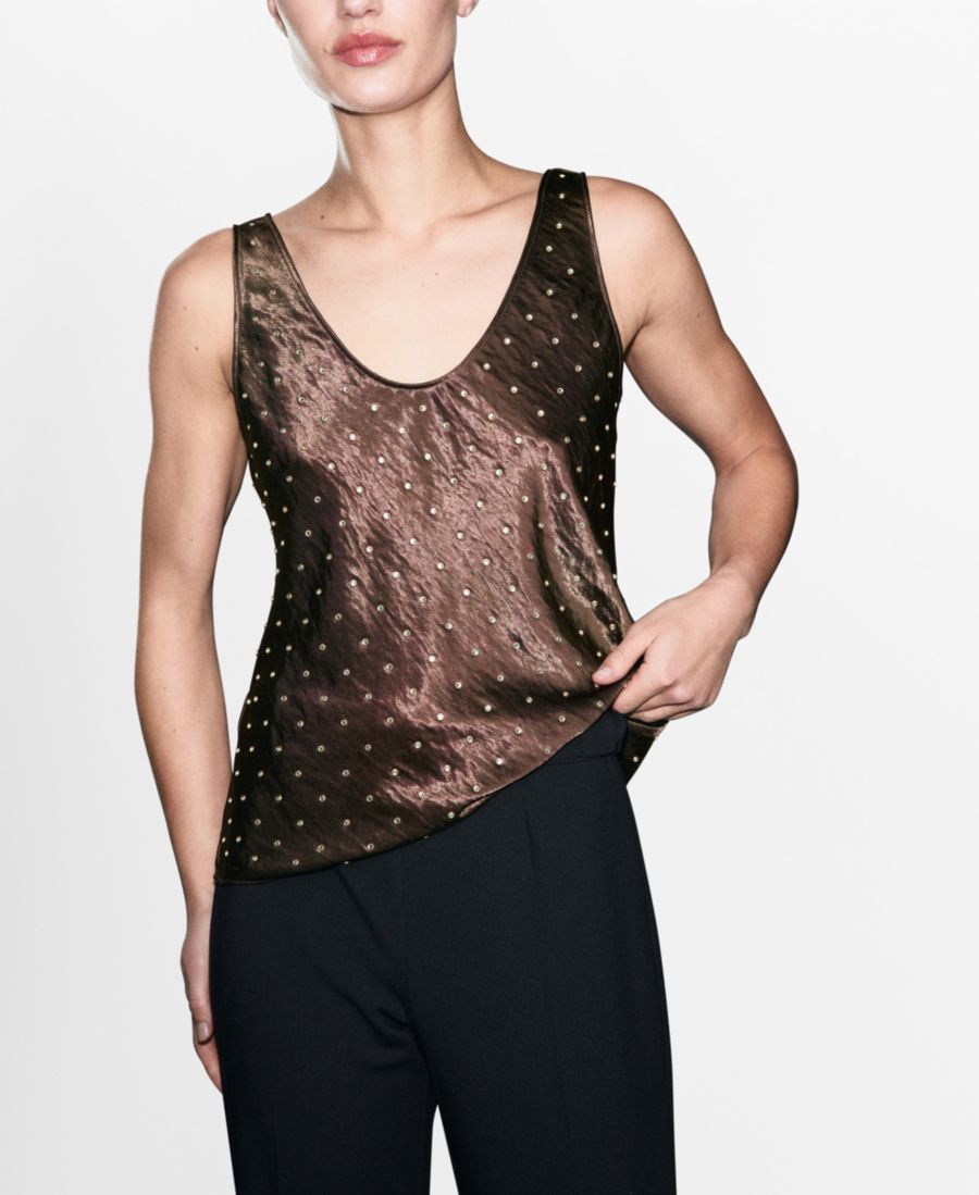 

Женский атласный топ с кристаллами и эффектом жатой ткани MANGO, Brown