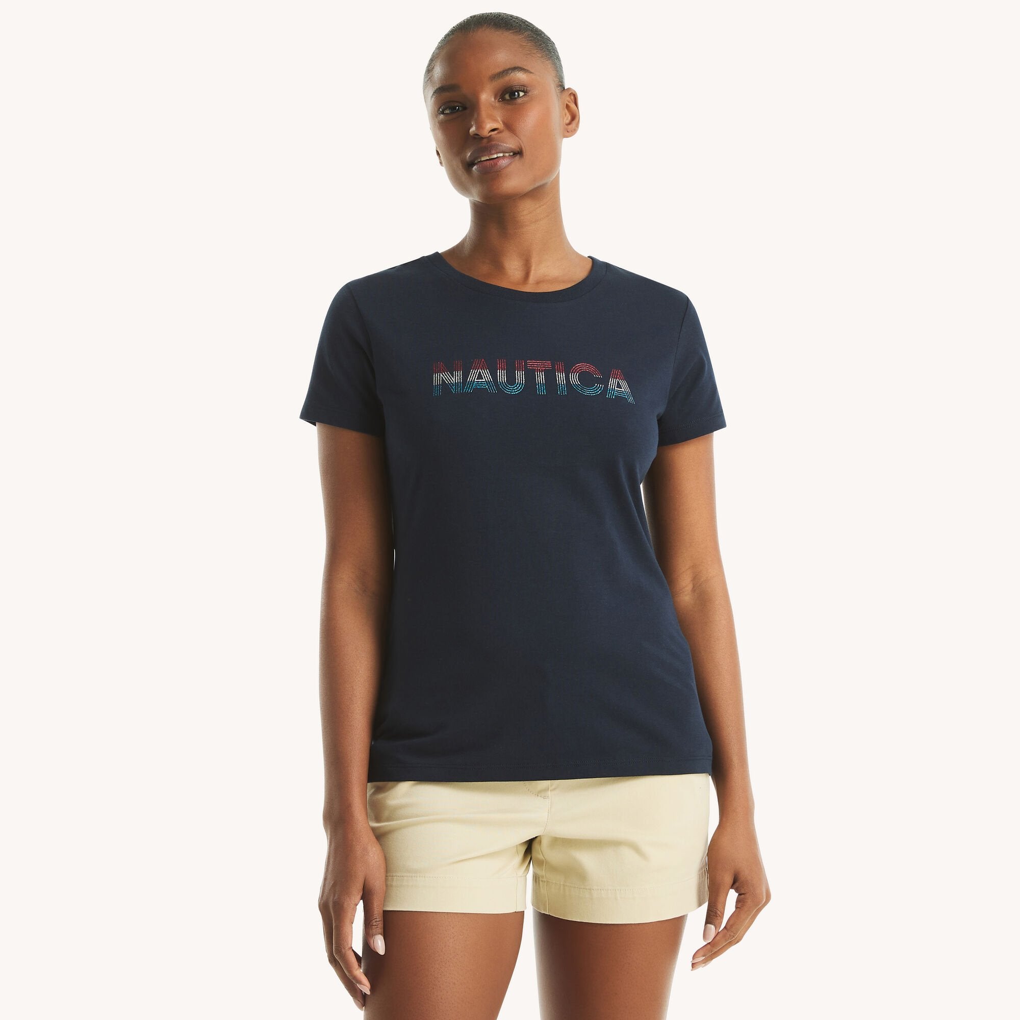 

Nautica Женская Футболка с диско-логотипом и фольгированным принтом, темно-синий