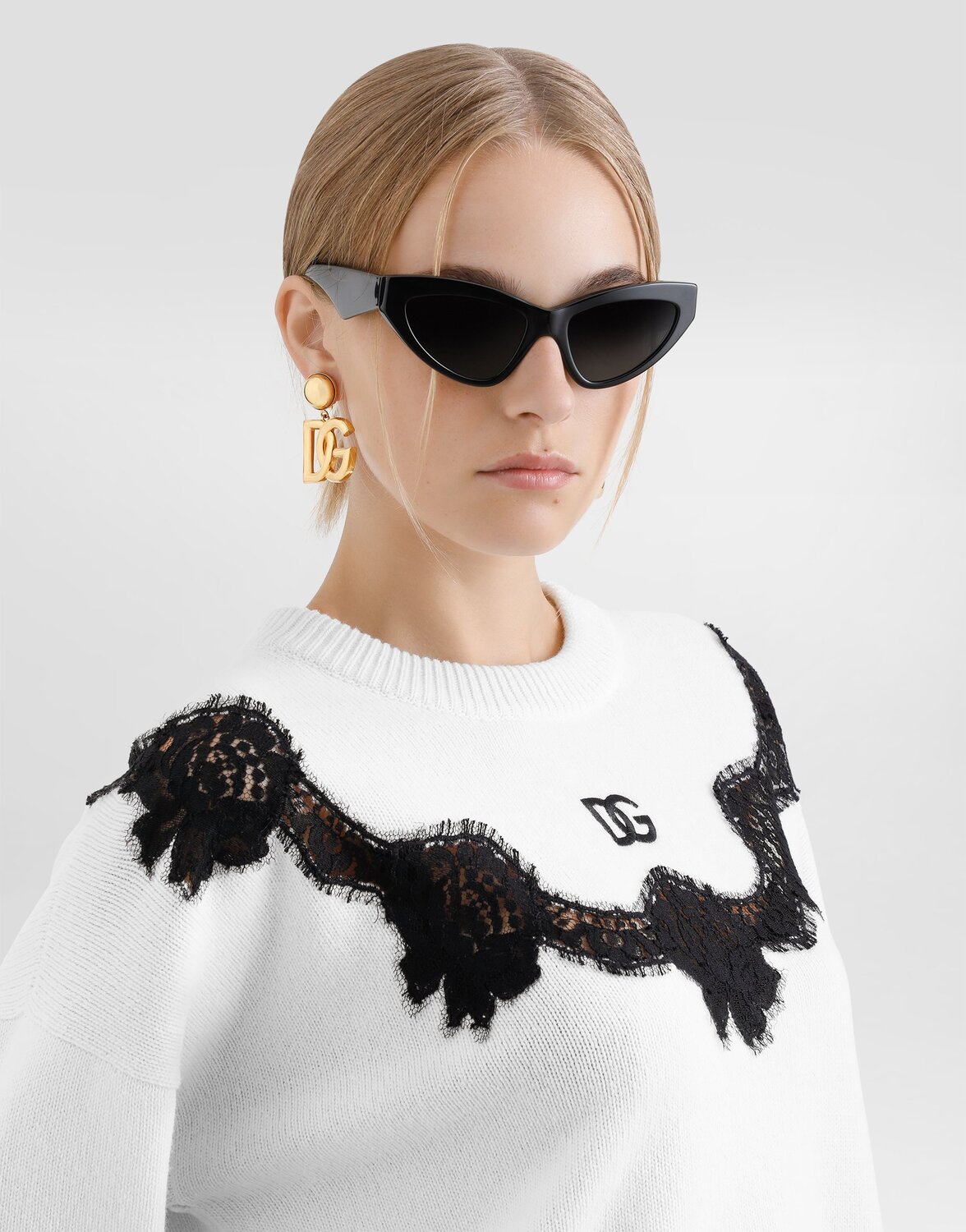 Шерстяной свитер с логотипом dg и кружевными вставками Dolce & Gabbana, белый — фото 4