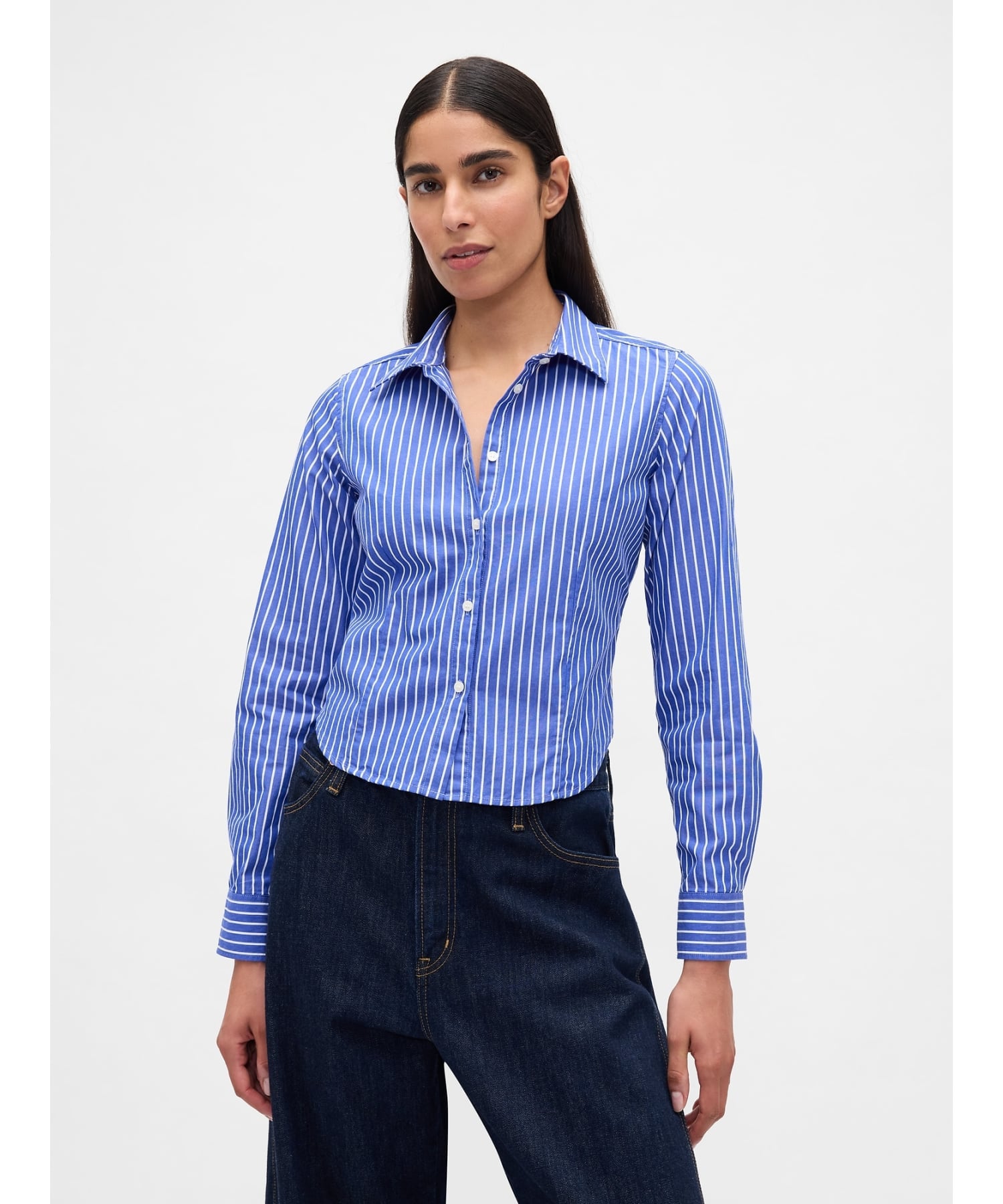 (W) Укороченная рубашка из органического хлопка GAP, BLUE_WHITE_STRIPE