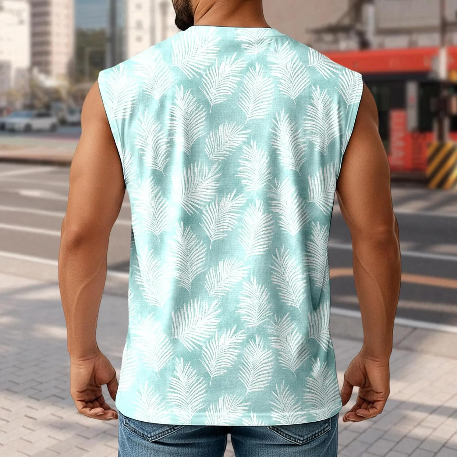 Мужской топ-безрукавка с тропическим принтом, листья, Composition: 95% polyester, 5% spandex, B Narrow Leaves — фото 3