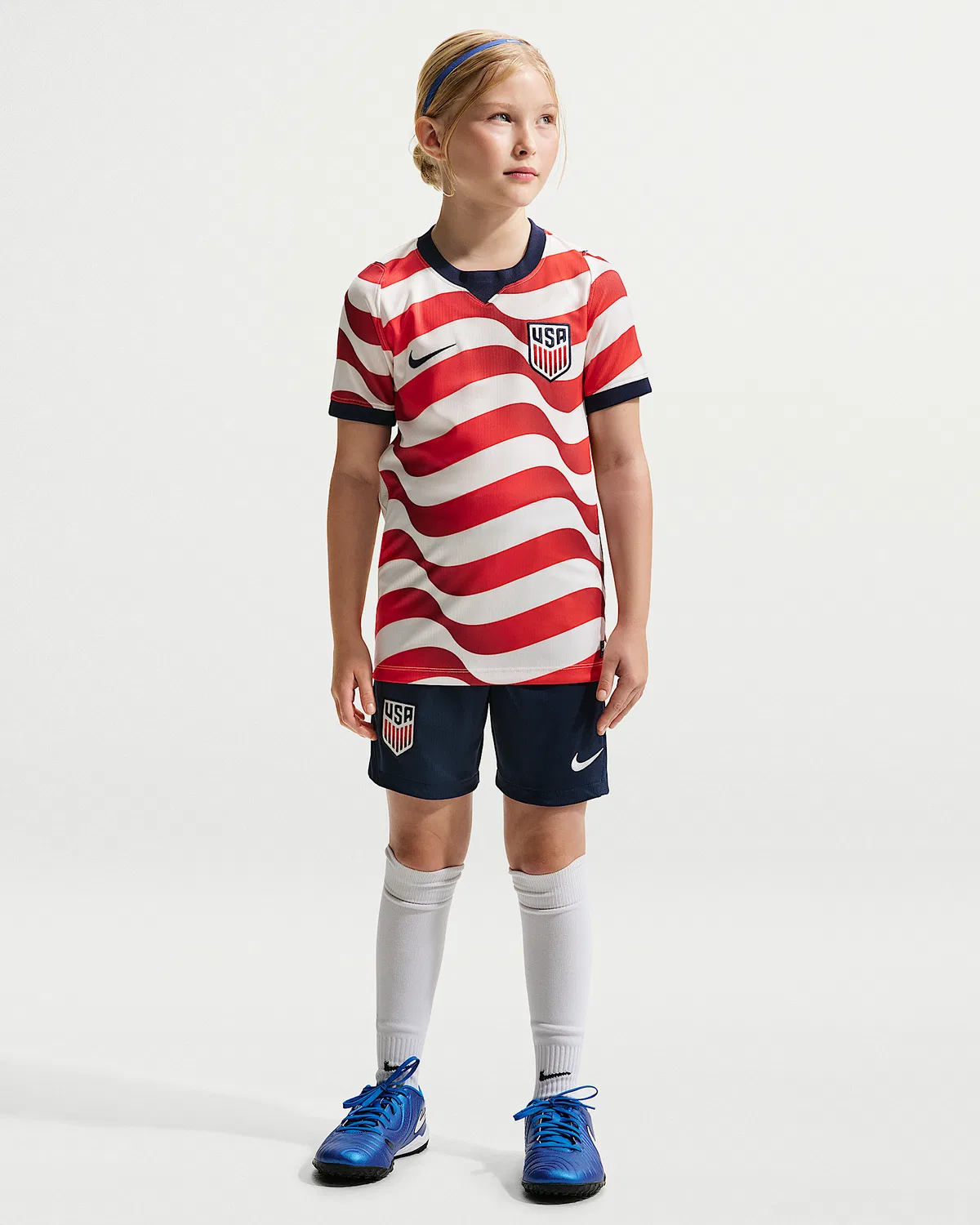 Большие детские шорты Nike Dri-FIT Soccer Replica USMNT 2026 Stadium Home, Midnight Navy/Sail