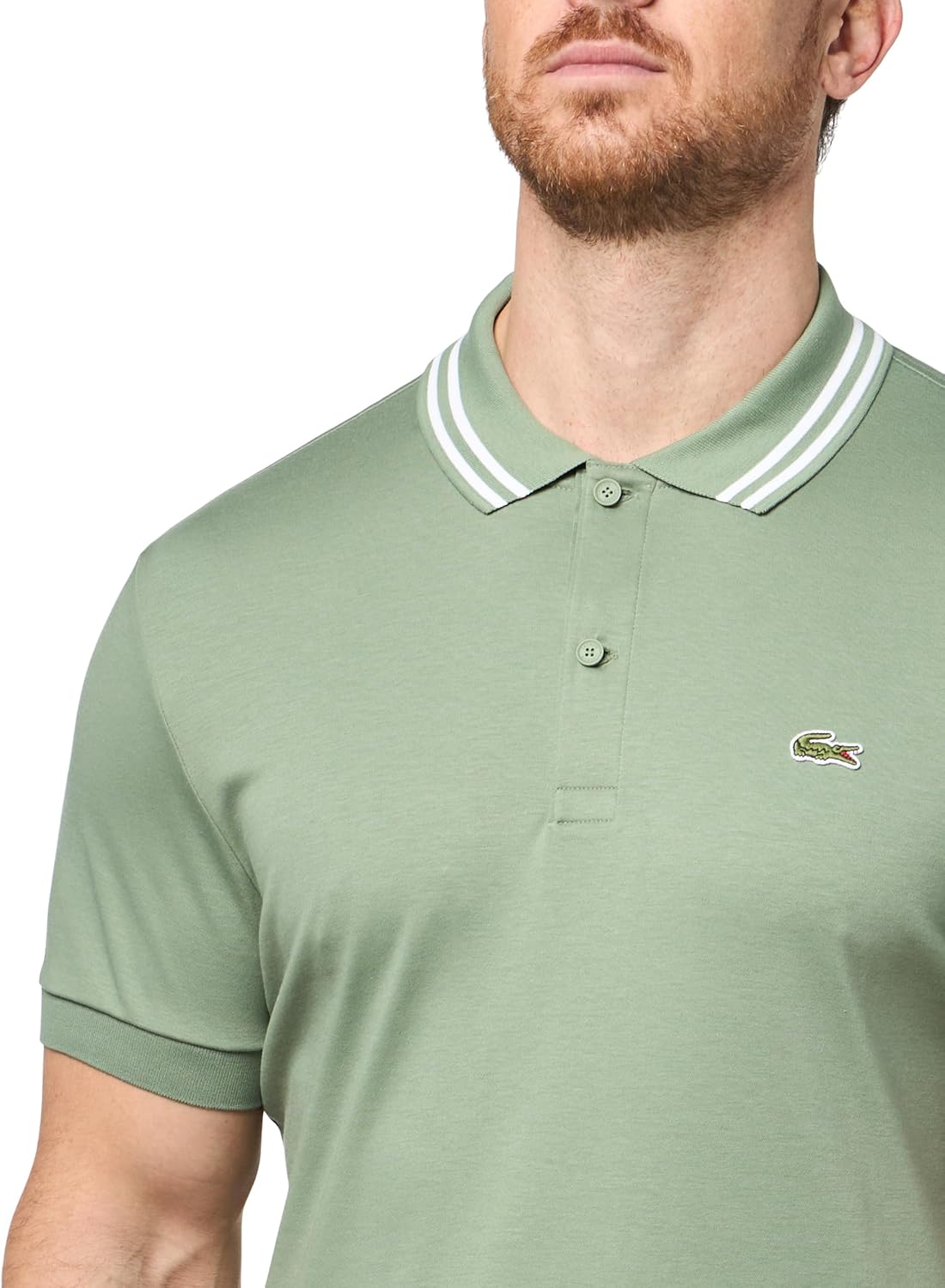 Поло Lacoste, мужское, с контрастным воротником и коротким рукавом, Thyme — фото 3