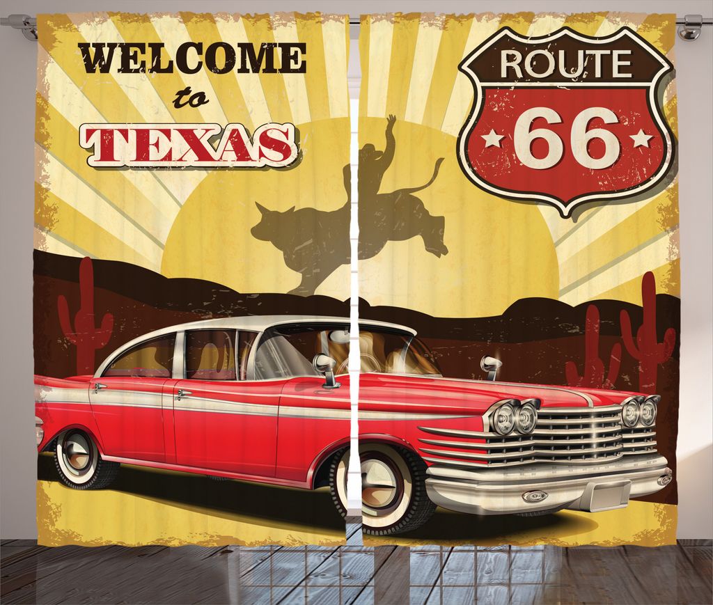 

ABAKUHAUS Западная деревенская штора, Texas Car Cowboy Route 66, ленточная занавеска с рюшами для спальни, петлями и крючками, 280 x 225 см, ярко-красно-горчичный и красно-коричневый цвета