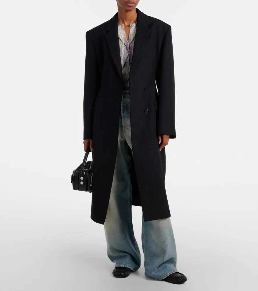 Двубортное шерстяное пальто с баской Acne Studios, черный — фото 2