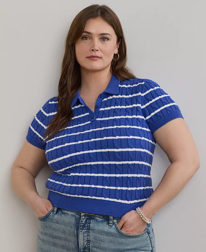 

Полосатый свитер-поло большого размера из хлопка с косичной вязкой Lauren Ralph Lauren, синий