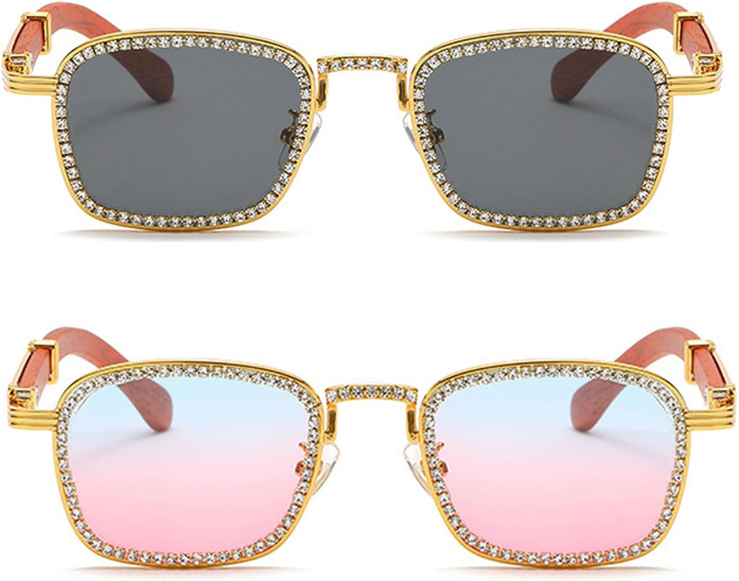 

Винтажные квадратные солнцезащитные очки в стиле панк с деревянными ножками и бриллиантами для мужчин, модные очки в стиле хип-хоп из сплава для женщин, с стразами для вечеринок mincl, 2pcs-black&pink Blue