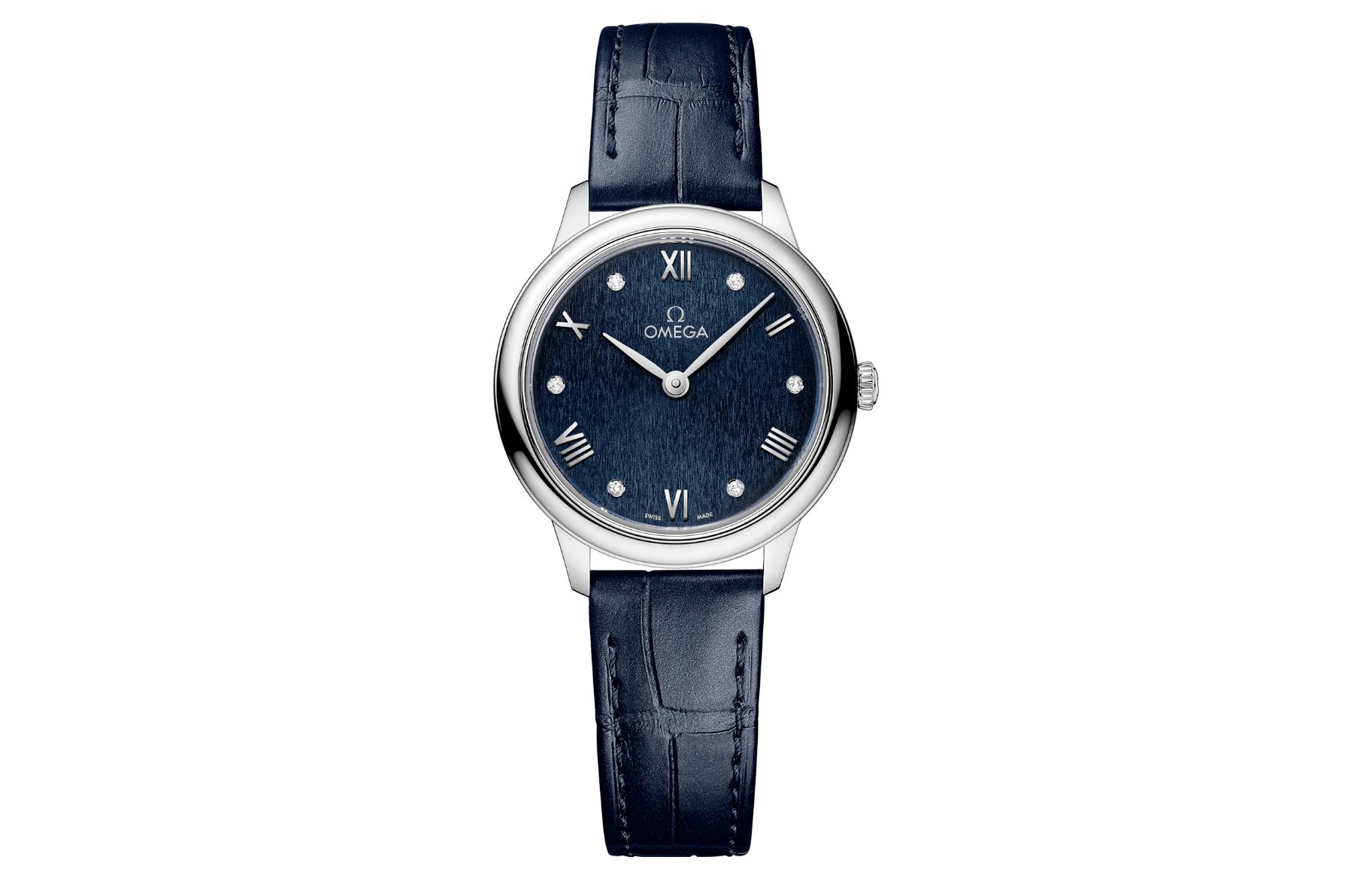 

OMEGA Элегантные женские часы Saucer Series с кварцевым механизмом, синий циферблат 27,5 мм, корпус из нержавеющей стали