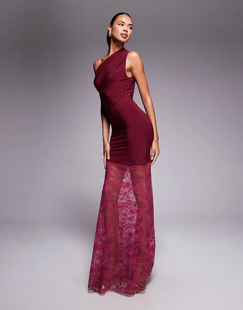 

Эксклюзивное двухслойное облегающее платье Kaiia с открытыми плечами, асимметричной прозрачной кружевной юбкой, ягодного цвета
