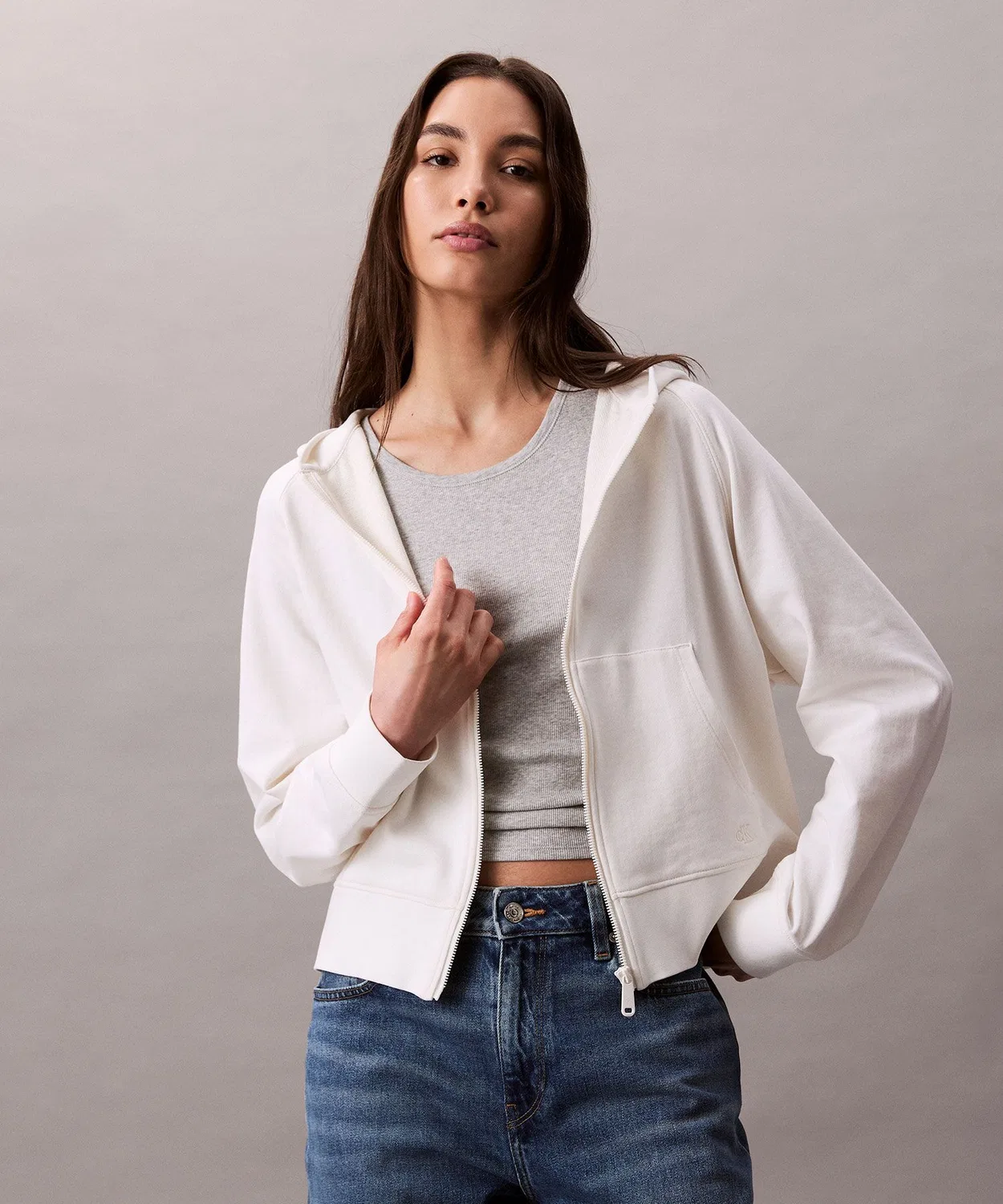 Худи Calvin Klein Jeans французский трикотаж на молнии, офф-белый