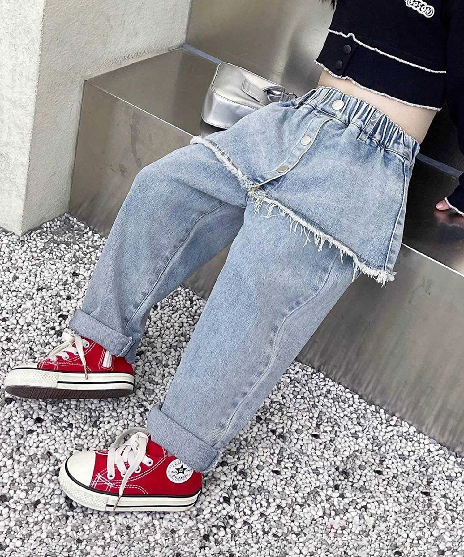 【aimoha-KIDS-】Джинсовые брюки с имитацией многослойного дизайна — фото 2
