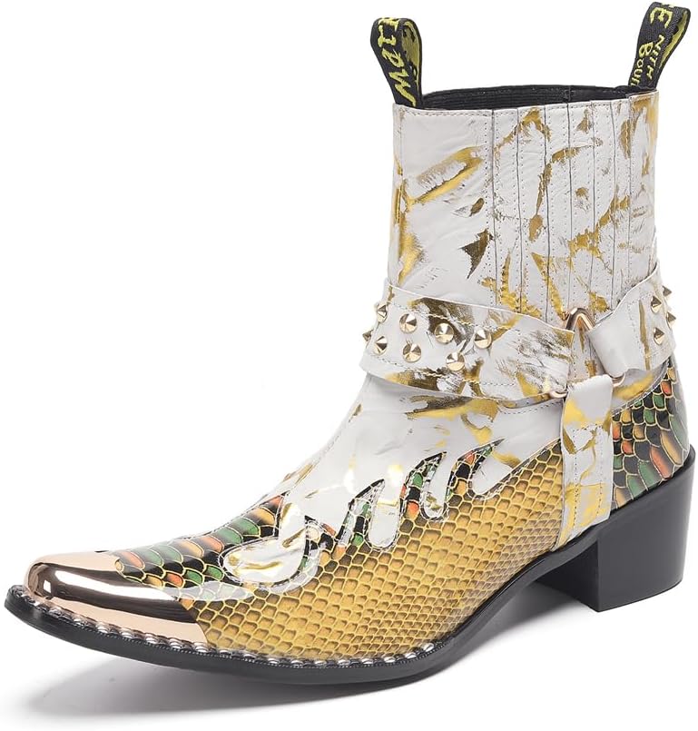 

Мужские вестерн-сапоги Dacnakby с заклепками, узором под змею, из кожи, ботинки Челси для мотоцикла, белый