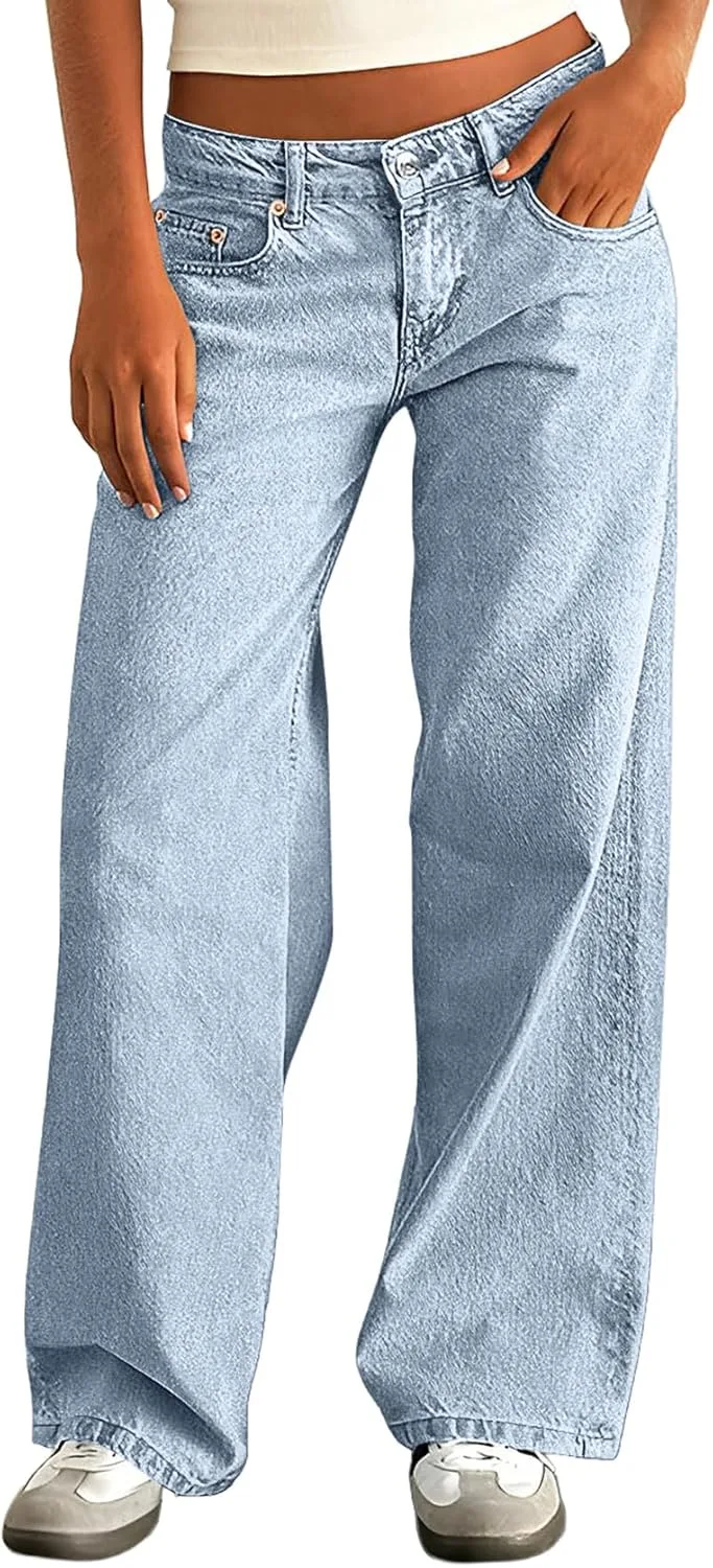 

IWOLLENCE Женские мешковатые джинсы Low Rise Straight Wide Leg Cowboy Pants Boyfriend Distressed Denim Jean Pant с карманами