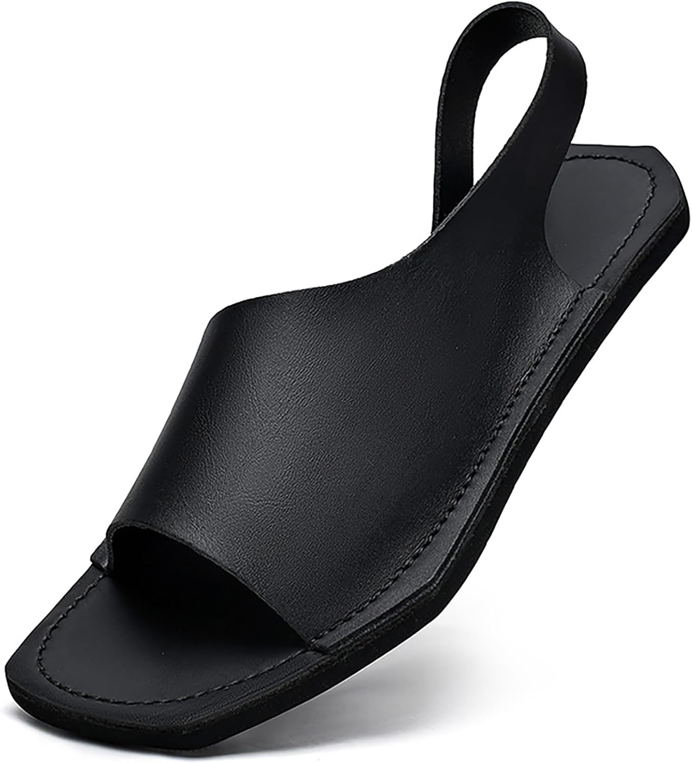 

Мужские сандалии QEOSNBX из натуральной кожи, классические с открытым круглым носком, на плоской подошве, без скольжения, для улицы, летние легкие пляжные шлепанцы, черный