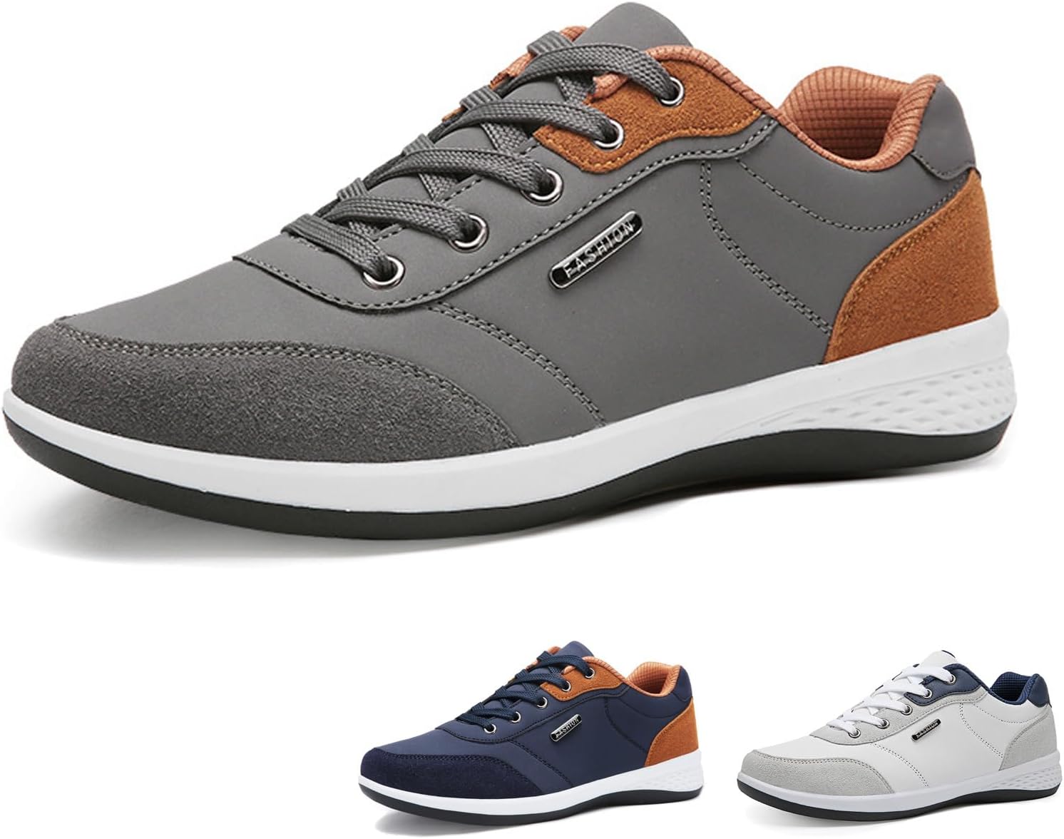 

Мужские кожаные удобные кроссовки простого дизайна с контрастной цветной отделкой, модные, легкие, с круглым носком, шнуровкой, мягкой подошвой, противоскользящие, низкие, для бега и повседневной ходьбы Nsneond, серый