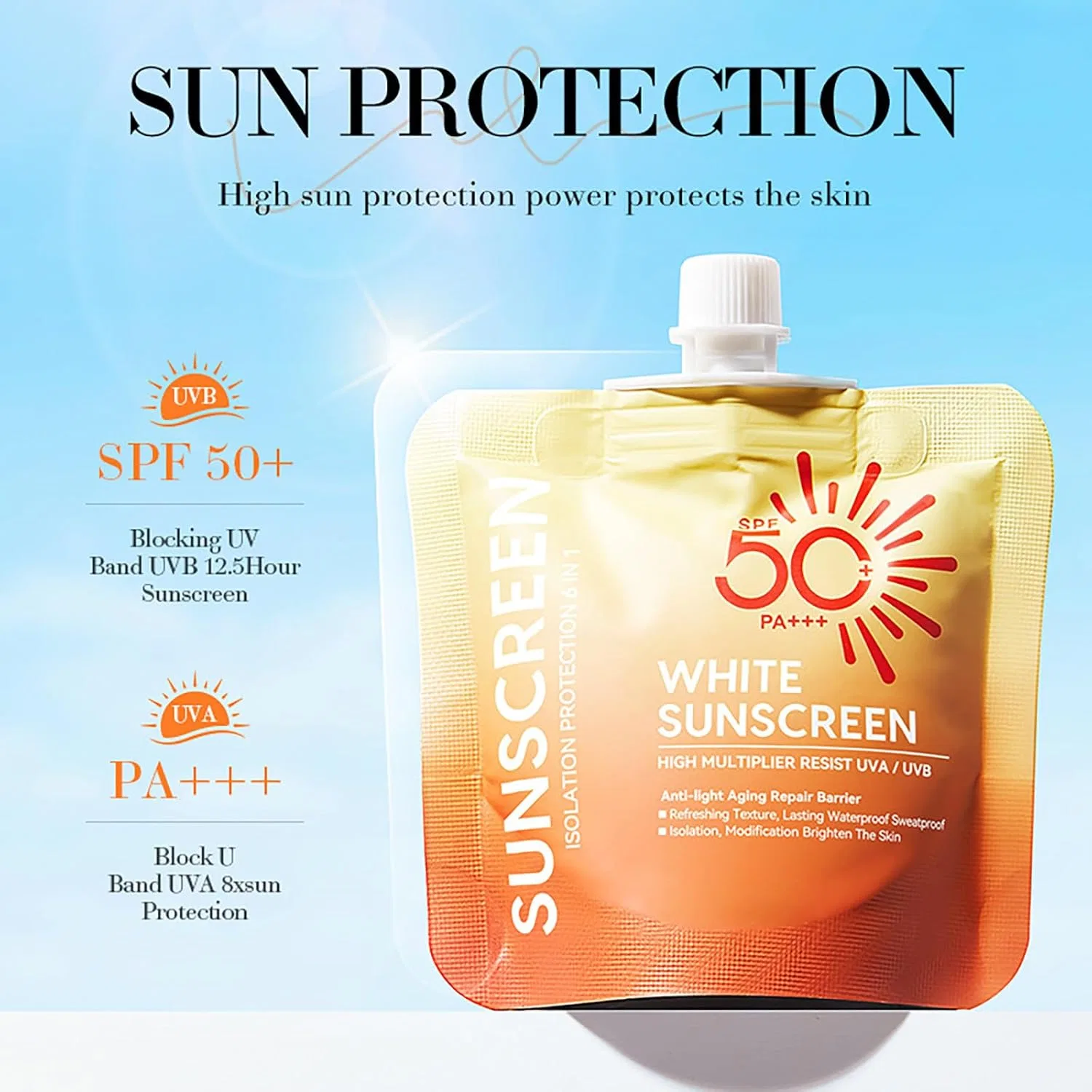 Солнцезащитный крем для лица и тела SPF 50+ PA+++ освежающий водостойкий, оранжевый Generic — фото 4