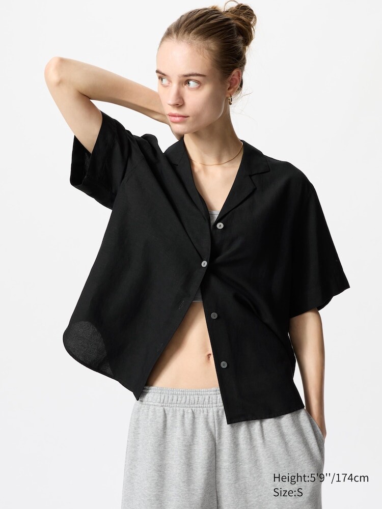 

Рубашка с открытым воротником из смесового льна Uniqlo, цвет 09 черный