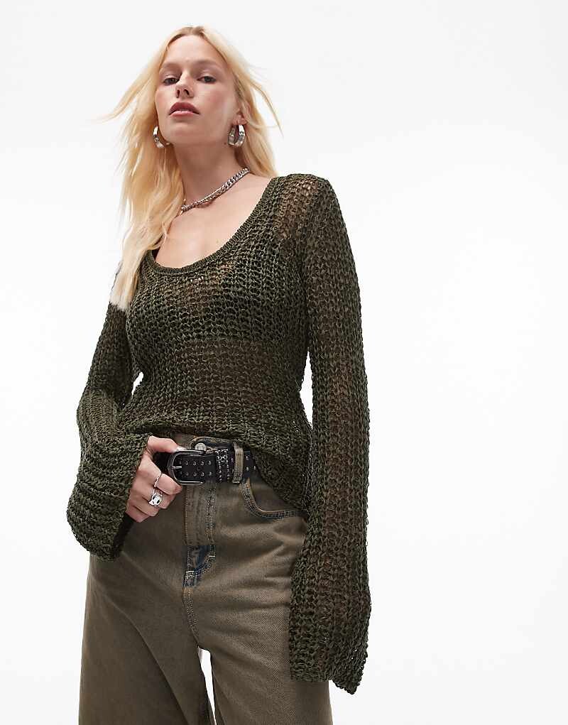 

Topshop – Зеленый вязаный топ с сетчатым принтом и U-образным вырезом