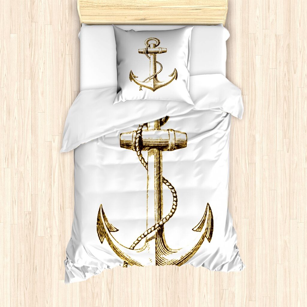 

ABAKUHAUS Пододеяльник Anchor для односпальных кроватей, дорожный морской символ, защита от клещей, подходит для аллергиков, с наволочкой, золотисто-белый