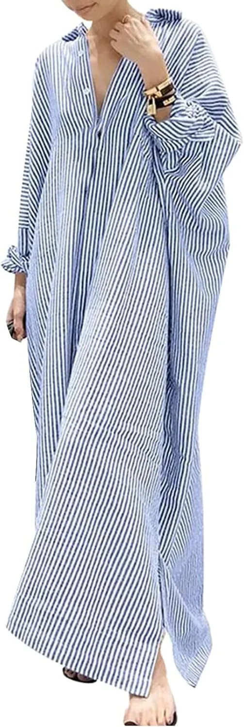 Полосатое макси-платье-рубашка для женщин Casual Plus Size с длинным рукавом и пуговицами, свободного кроя, модное сарафановое платье Generic, синий