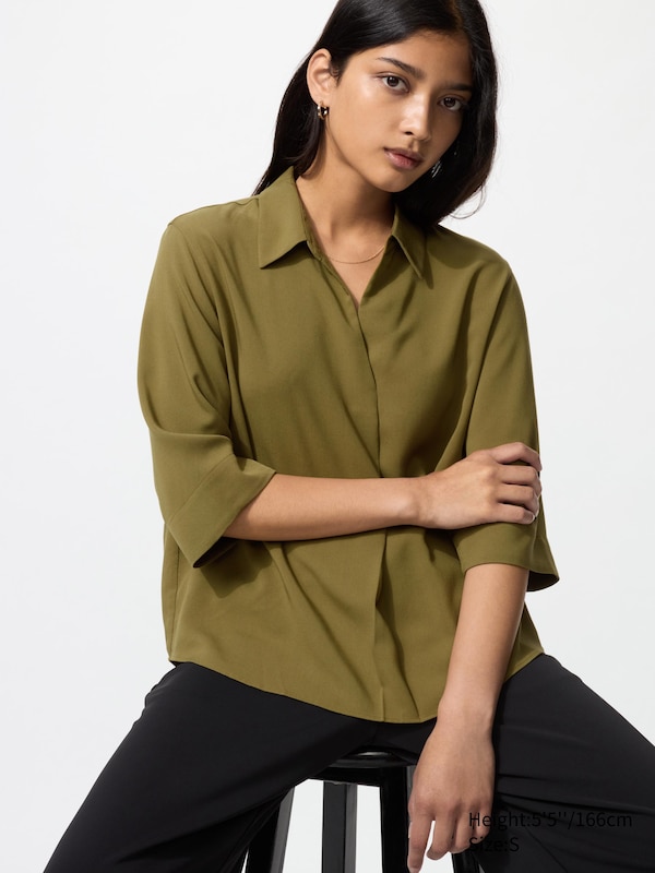 

Вискозная блузка с воротником «скіппер», рукав 3/4 Uniqlo, 56 olive