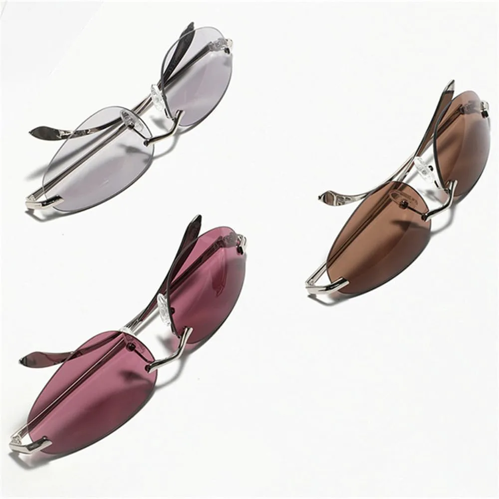 

металлические безободковые солнцезащитные очки для мужчин, очки «кошачий глаз» для женщин, овальные солнцезащитные очки, аксессуары HDUBFY, Silver With Brown