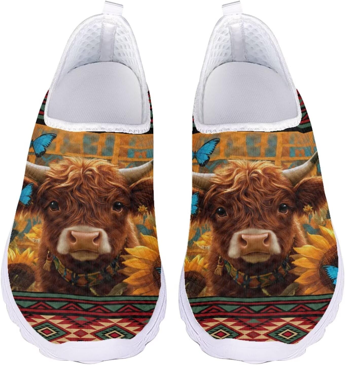 

Женские слипоны Jeiento для ходьбы с животным принтом, легкие кеды-тапочки, сетчатые теннисные кроссовки унисекс, пляжная водная обувь, Southwestern Tribal Highland Cow