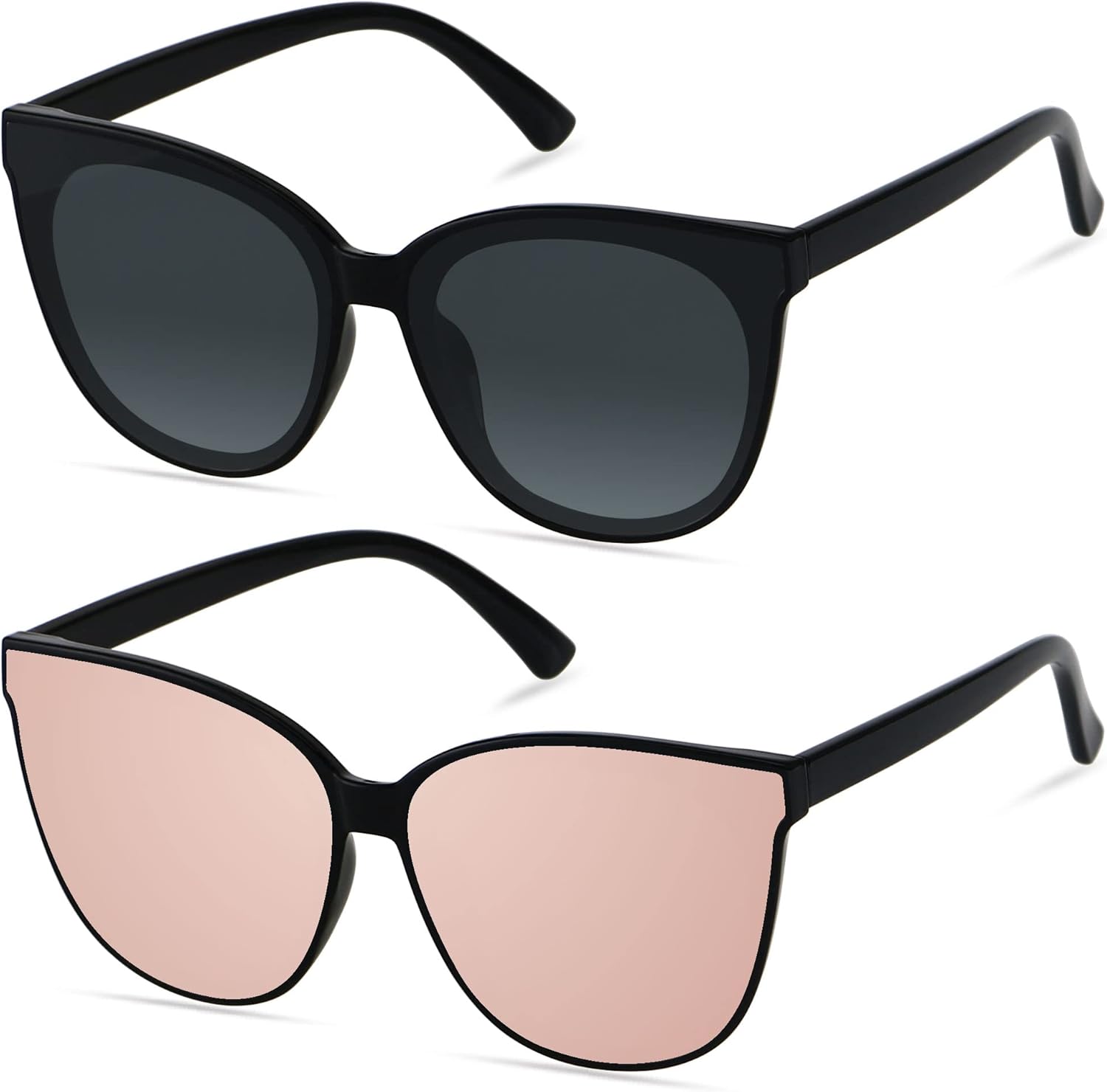 

Солнцезащитные очки LYZOIT Oversized Cat Eye для женщин, большие очки в оправе "кошачий глаз", комплект из 2 штук, модные винтажные солнцезащитные очки, (2pack) Black + Mirrored Rose Gold