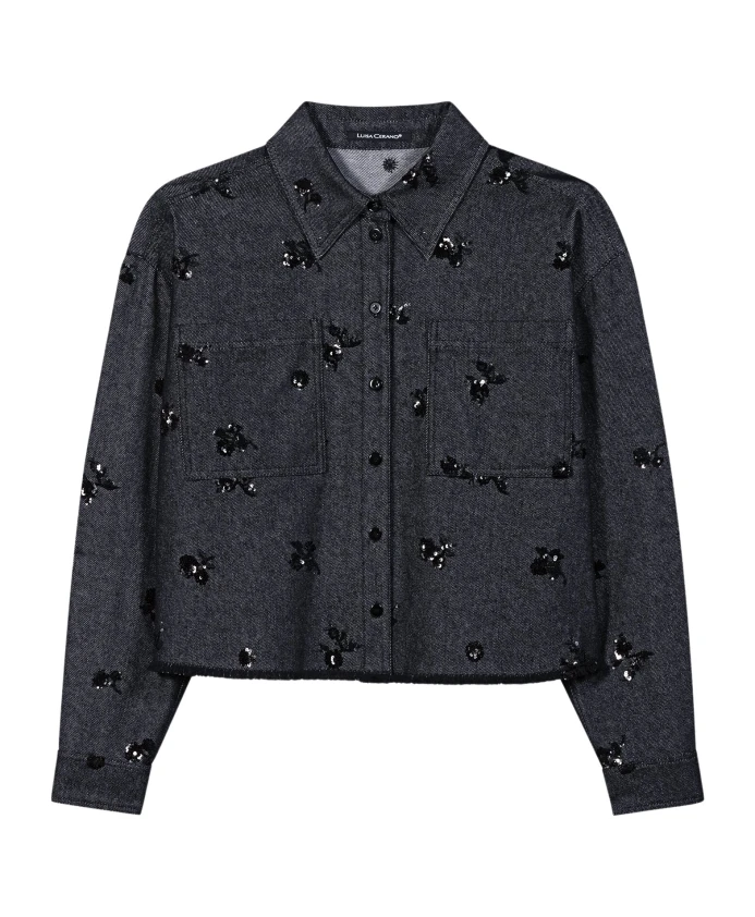 

Джинсовая рубашка с пайетками, темно-синяя Luisa Cerano, синий