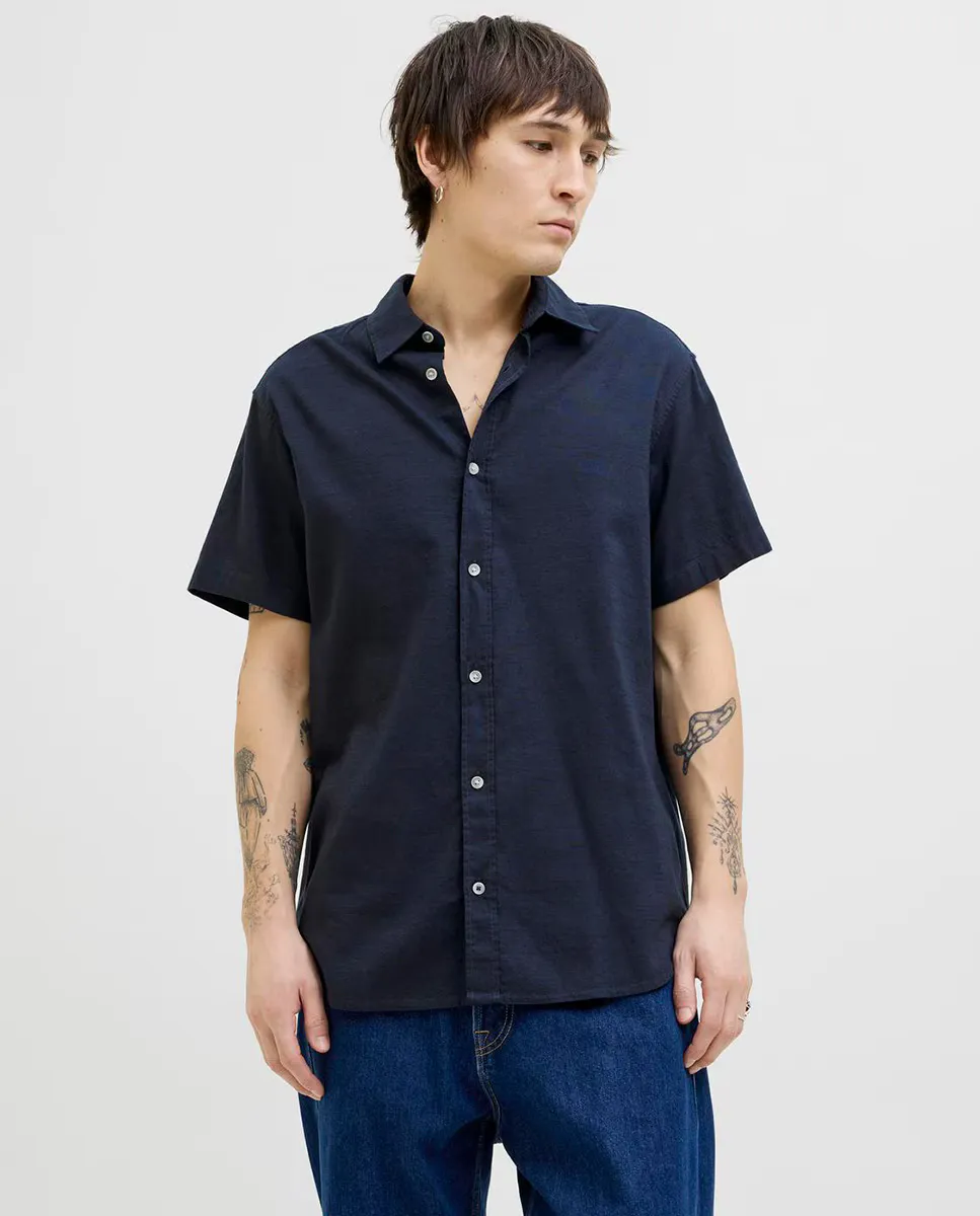 

Мужская однотонная рубашка с коротким рукавом Jack & Jones, синий